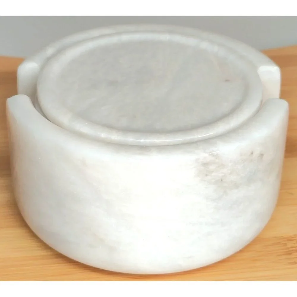 Set of 6 White Carrara Marble Stone Beverage Drink Coasters w/ Matching Base